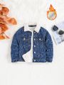 SHEIN Little Girls' Denim Jacket With Collar And Heart Pattern