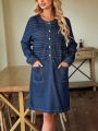 SHEIN LUNE Contrast Topstitch Edge & Double Pocket Denim Dress