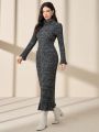 SHEIN Mulvari Women's Turtleneck Flare Sleeve Ribbed Sweater Dress