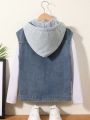 SHEIN Boys' Drawstring Hooded Denim Vest, For Children Aged 8-16