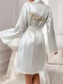 Women's Alphabet Embroidery Belted Bathrobe
