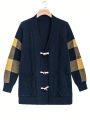 Plus Size Plaid Spliced Horn Button Cardigan Sweater