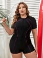 SHEIN Swim SPRTY Plus Size Color Block Half Zip Front One Piece Swimsuit