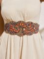 Women's Elegant & Romantic Heavy Duty Elastic Turquoise Flower Bohemian Style Waist Belt Casual