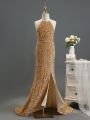 Girls' Shiny Halter Neck Slit Maxi Prom Dress