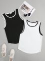 SHEIN Boy Teenagers Two-Piece Casual And Comfortable Black And White Contrasting Vest Tops
