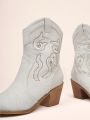 Styleloop Embroidered Detail Pointed Toe Women Western Ankle Boots