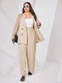 SHEIN Mulvari Plus Size Women's Letter Detail Houndstooth Blazer And Pants Set