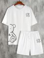 Manfinity Men'S Bear Print Short Sleeve Shirt And Shorts Set