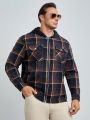 SHEIN Extended Sizes Men Plus Plaid Print Flap Pocket Hooded Overcoat