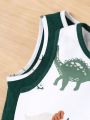 SHEIN Kids QTFun Toddler Boys' 2pcs/set Cute Comfortable Cartoon Dinosaur Pattern Colorblock Hem Tank Top