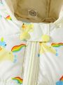 Baby Girl Rainbow & Unicorn Print 3D Ear Design Hooded Puffer Coat