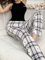 Solid Color Tank Top, Plaid & Heart Printed Pants Sleepwear Set
