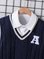 Boys' Teenagers' Contrast Stripe & Letter Embroidery Patch Sweater Vest