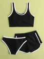 3pack Girls Contrast Binding Bikini Swimsuit & Shorts