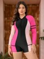 SHEIN Swim SPRTY Plus Size Women's Color Block Long Sleeve Zipper One Piece Swimsuit