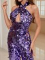 SHEIN Belle Sparkly Party Jumpsuit With Crossed Shoulder Straps, Front Hollow Out Detail And Back Tie
