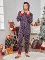 Men Allover Print Zip Up Hooded Sleep Jumpsuit