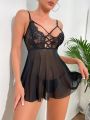 Classic Sexy Women'S Lace Splicing Mesh Sexy Lingerie Dress With Thong Set