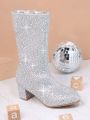 Girls Rhinestone Side Zipper Chunky Heeled Boots