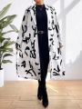 SHEIN Privé Women's Plus Size Random Print Coat With Lapel Necktie Belt