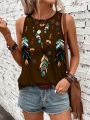 SHEIN LUNE Feather Printed Casual Tank Top With Round Neckline