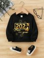 Baby Boys' Casual Fleece Lined Round Neck Sweatshirt With New Year Slogan Print