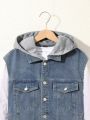 SHEIN Boys' Drawstring Hooded Denim Vest, For Children Aged 8-16