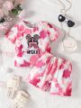Baby Girl Tie Dye Figure & Letter Graphic Tee & Shorts
