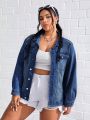 SHEIN Plus Flap Pocket Drop Shoulder Denim Jacket