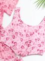 Teenage Girls' Heart Print Hollow Out One Piece Swimsuit