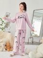 SHEIN Teenage Girls' Knitted Letter & Heart Pattern T-shirt And Long Pants Casual Home Outfit