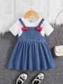 SHEIN Baby Girl's Lovely Doll Collar Denim Dress With Bowknot And Soft Washed Fabric