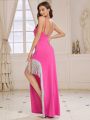 SHEIN Belle Women's Evening Dress (heavy) With High Slit, Tassel Trim, V-neck, Diamond Strap