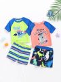 SHEIN Baby Boy Casual Holiday Style Cartoon Dinosaur Pattern Colorblock Short Sleeve Rash Guard And Striped Shorts Set