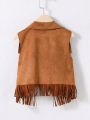 Teen Girls' Fringed Hem Waterfall Draped Open-front Vest Jacket