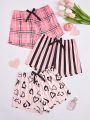 Women'S Printed Elastic Waistband Shorts With Bow Decoration, Sleepwear Bottom