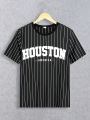 SHEIN Teen Boys' Casual Loose Fit Striped Short Sleeve T-Shirt With Letter Print