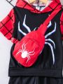 SHEIN Young Boy Spider Printed Short Sleeve Hoodie And Pants Set With Backpack, Summer