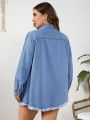 Plus Size Women'S Long Sleeve Frayed Hem Denim Jacket