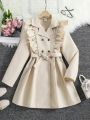 Teen Girls' Double Breasted Windbreaker Coat With Ruffle Hem