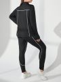 SHEIN Yoga Trendy Plus Size Striped Long Pants & Long Sleeve Top With Thumb Holes And Zipper Set