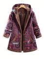 Plus Size Women's Floral Printed Hooded Fleece Jacket