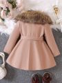 Young Girl Fuzzy Trim Hooded Belted Overcoat Without Sweater