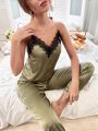 Eyelash Lace Trim Satin Cami Top & Knot Pants PJ Set