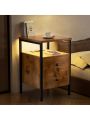 GINRGINR LED Nightstand Charging Station, Wood Nightstand with 2 Deep Drawers & Shelves, Bed Side End Table for Bedroom & Living Room, Rustic Brown, Rustic Grey, 15.7