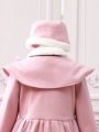 SHEIN Kids EVRYDAY Tween Girl Borg Collar Fold Pleated Overcoat & Hat