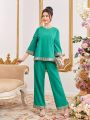 SHEIN Teen Girl Woven Solid Color Patchwork Web Shirt Slant Pocket Trousers Two-Piece Set