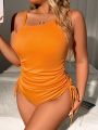 SHEIN Swim Curve Summer Beach Plus Size Ladies' Asymmetric Neck Drawstring One-Piece Swimsuits