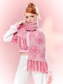 SHEIN X Cardcaptor Sakura Cartoon Jacquard Warm Thick Pink Tassel Scarf